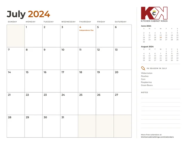 July 2024 monthly calendar page with US holidays marked