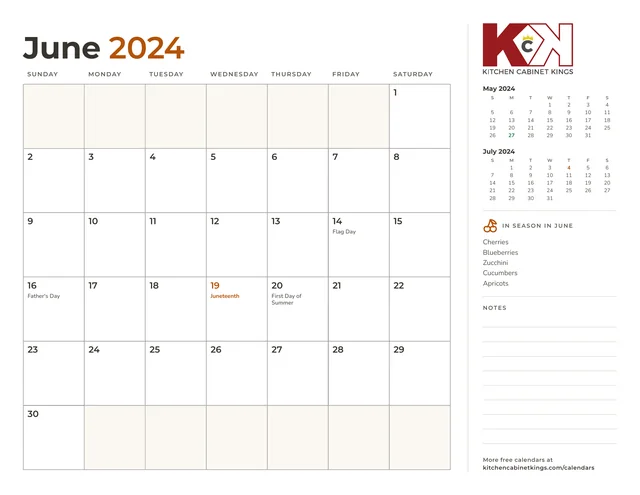 June 2024 monthly calendar page with US holidays marked