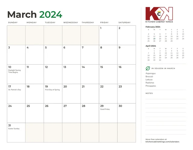 March 2024 monthly calendar page with US holidays marked