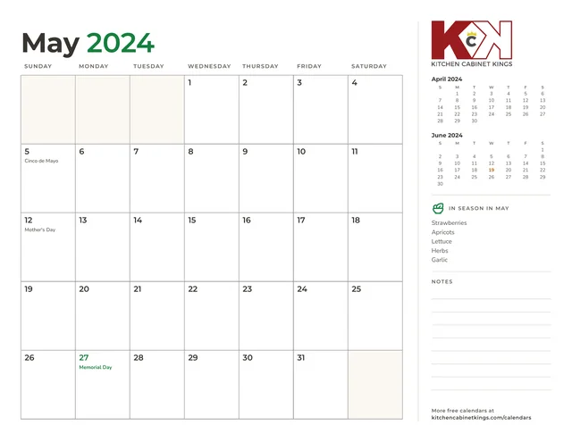May 2024 monthly calendar page with US holidays marked