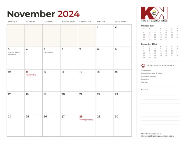 November 2024 monthly calendar page with US holidays marked