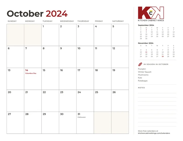 October 2024 monthly calendar page with US holidays marked