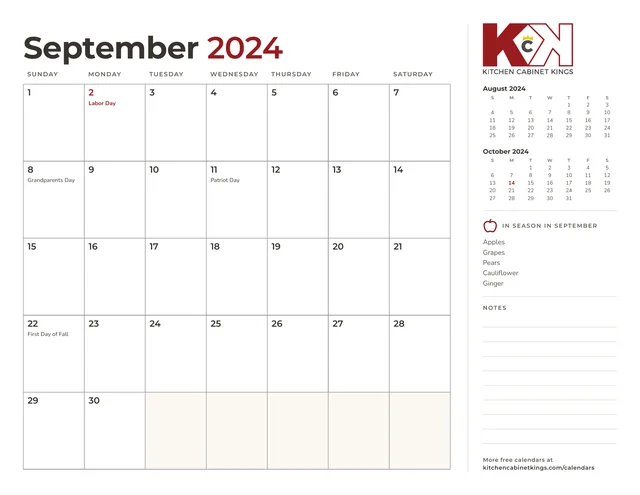 September 2024 monthly calendar page with US holidays marked