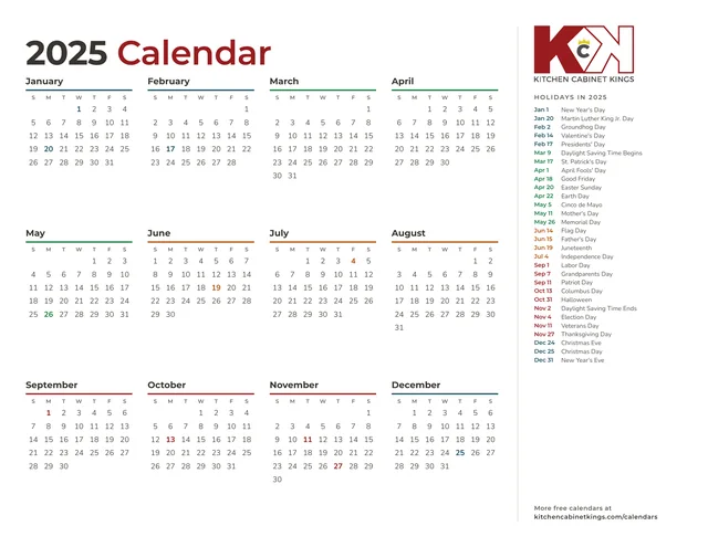 2025 year at a glance calendar showing all 12 months and a list of holidays