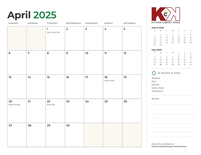 April 2025 monthly calendar page with US holidays marked