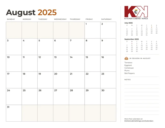 August 2025 monthly calendar page with US holidays marked