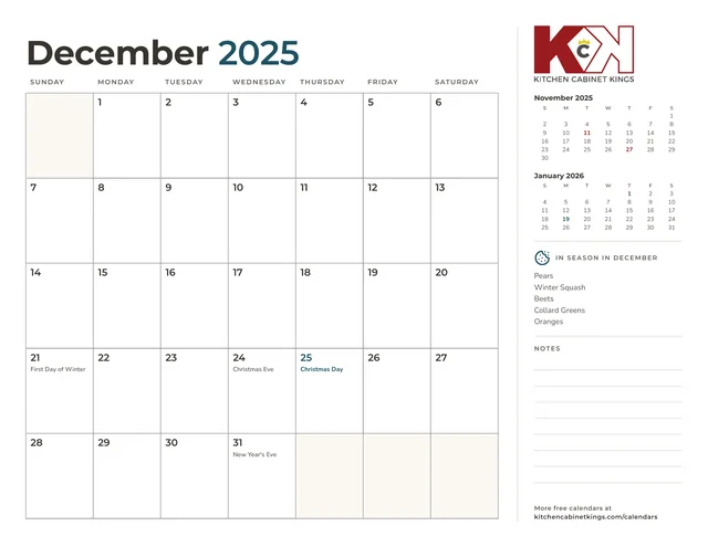 December 2025 monthly calendar page with US holidays marked