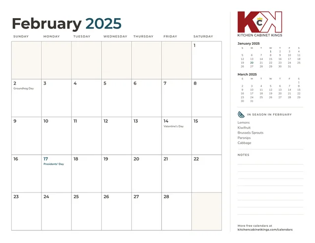 February 2025 monthly calendar page with US holidays marked