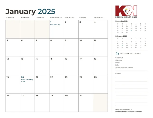 First monthly page of the 2025 calendar set, with a notes column and mini calendars