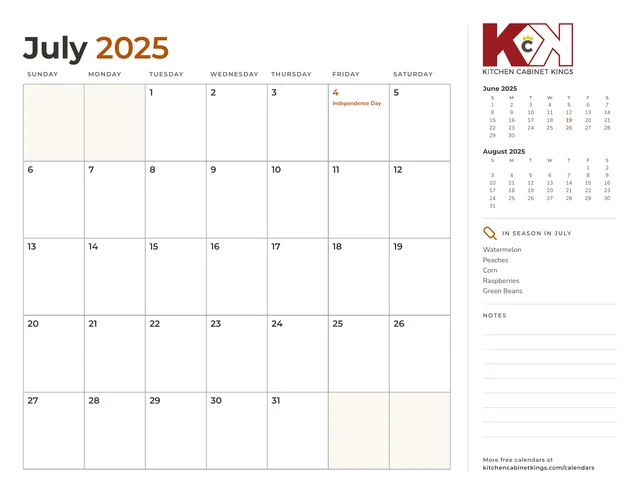 July 2025 monthly calendar page with US holidays marked