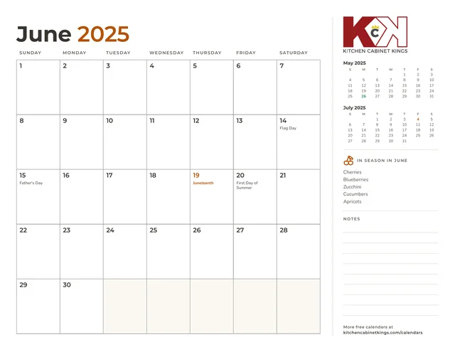 June 2025 monthly calendar page with US holidays marked