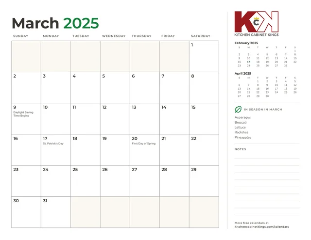 March 2025 monthly calendar page with US holidays marked
