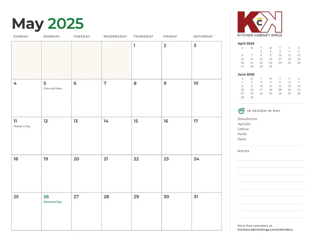 May 2025 monthly calendar page with US holidays marked