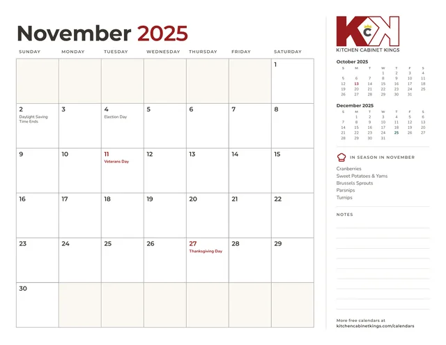 November 2025 monthly calendar page with US holidays marked