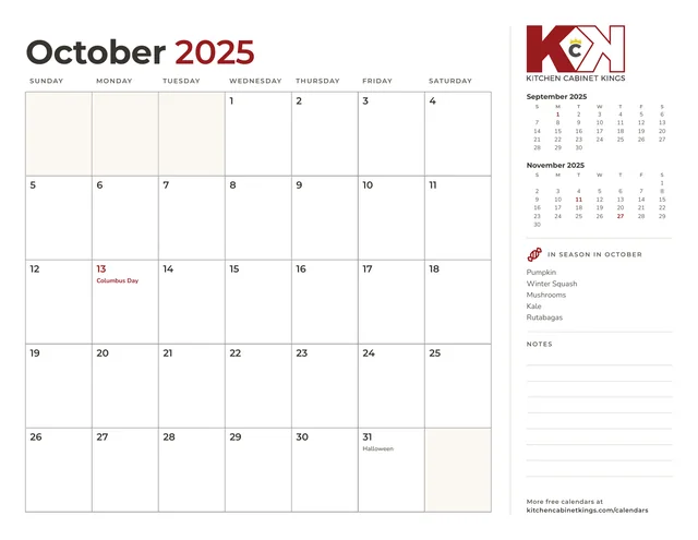 October 2025 monthly calendar page with US holidays marked