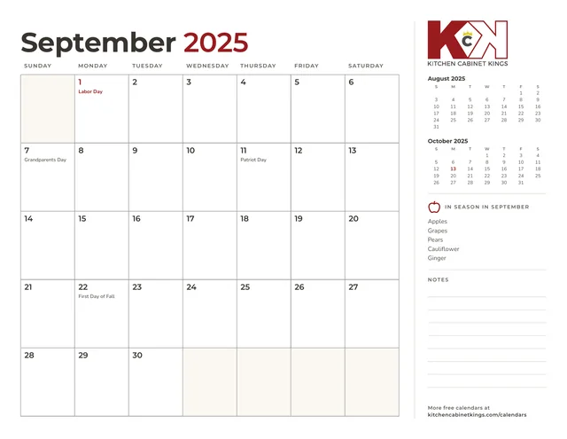 September 2025 monthly calendar page with US holidays marked