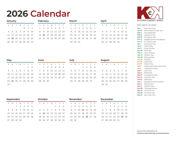 2026 year at a glance calendar showing all 12 months and a list of holidays