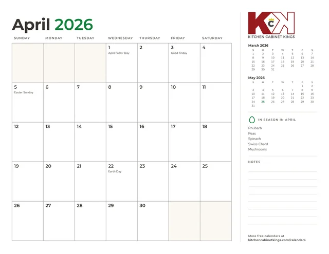 April 2026 monthly calendar page with US holidays marked