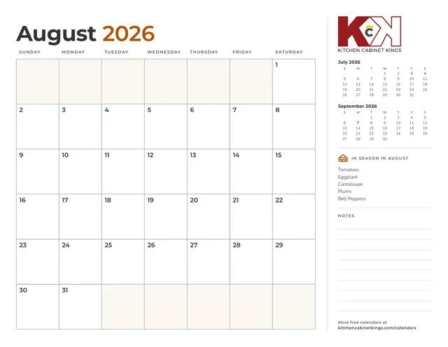August 2026 monthly calendar page with US holidays marked