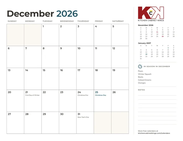 December 2026 monthly calendar page with US holidays marked