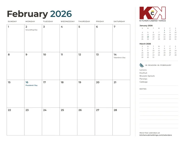 February 2026 monthly calendar page with US holidays marked
