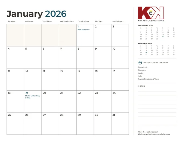 First monthly page of the 2026 calendar set, with a notes column and mini calendars