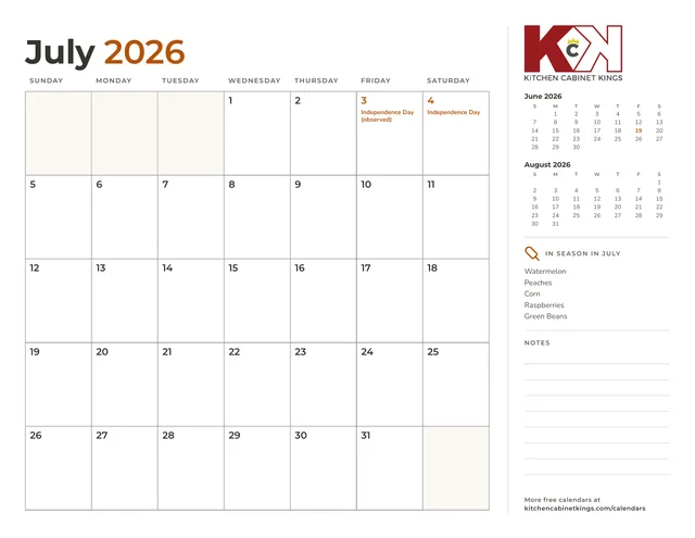 July 2026 monthly calendar page with US holidays marked