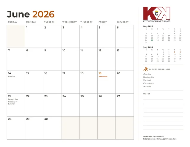 June 2026 monthly calendar page with US holidays marked