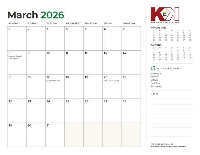 March 2026 monthly calendar page with US holidays marked