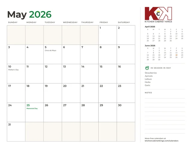 May 2026 monthly calendar page with US holidays marked