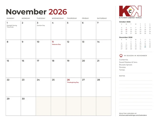November 2026 monthly calendar page with US holidays marked