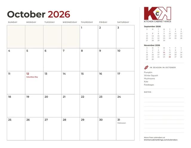 October 2026 monthly calendar page with US holidays marked