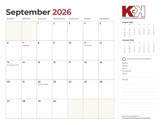 September 2026 monthly calendar page with US holidays marked