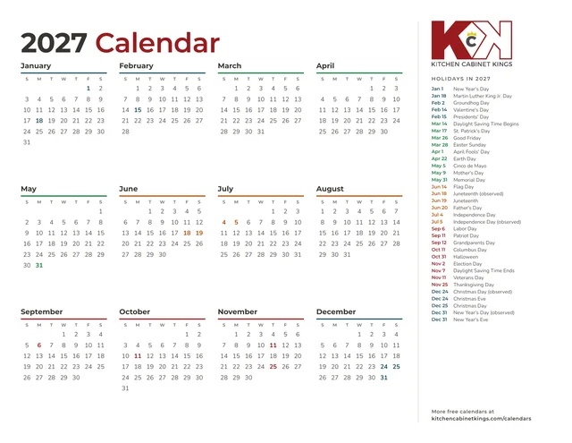 2027 year at a glance calendar showing all 12 months and a list of holidays