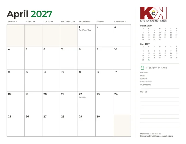April 2027 monthly calendar page with US holidays marked