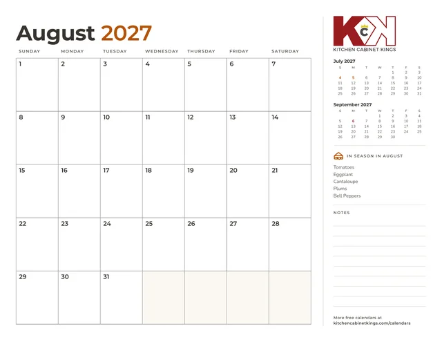 August 2027 monthly calendar page with US holidays marked