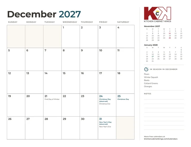 December 2027 monthly calendar page with US holidays marked