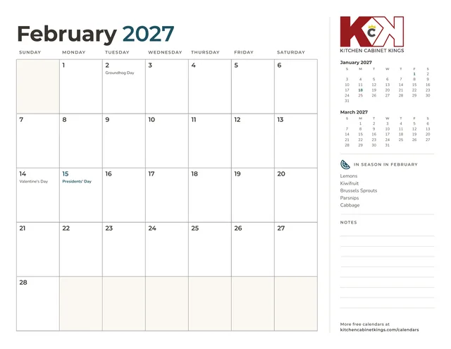 February 2027 monthly calendar page with US holidays marked