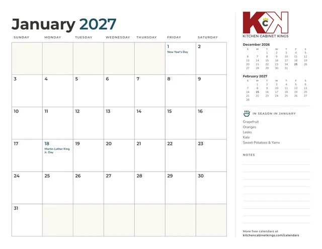 First monthly page of the 2027 calendar set, with a notes column and mini calendars