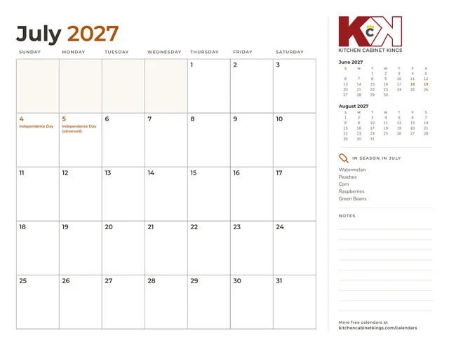 July 2027 monthly calendar page with US holidays marked
