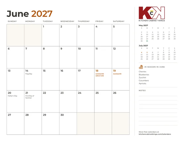 June 2027 monthly calendar page with US holidays marked