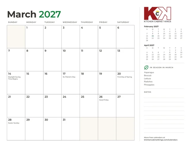 March 2027 monthly calendar page with US holidays marked