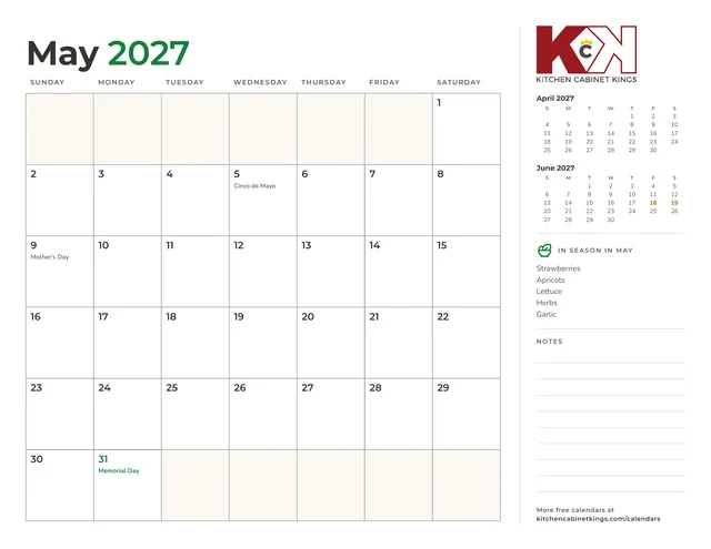 May 2027 monthly calendar page with US holidays marked
