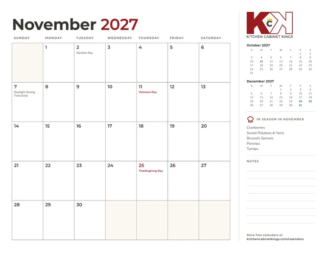 November 2027 monthly calendar page with US holidays marked