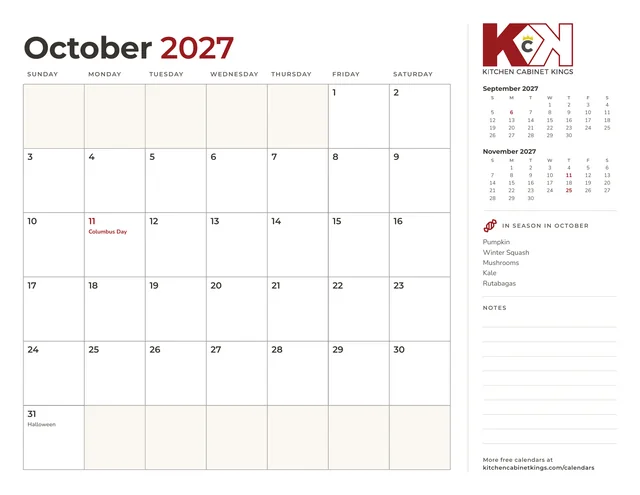 October 2027 monthly calendar page with US holidays marked