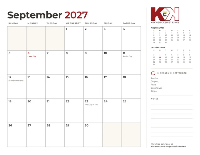 September 2027 monthly calendar page with US holidays marked