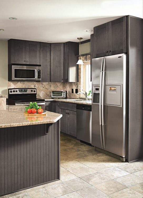Madison Gray cabinets with a beadboard island and stainless appliances