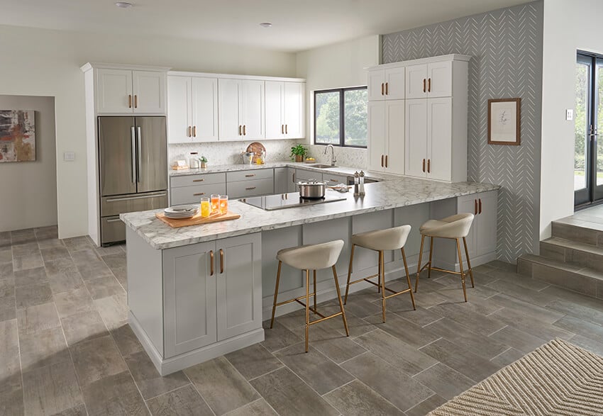 Madison Pewter cabinets with a gray island and white bar stools