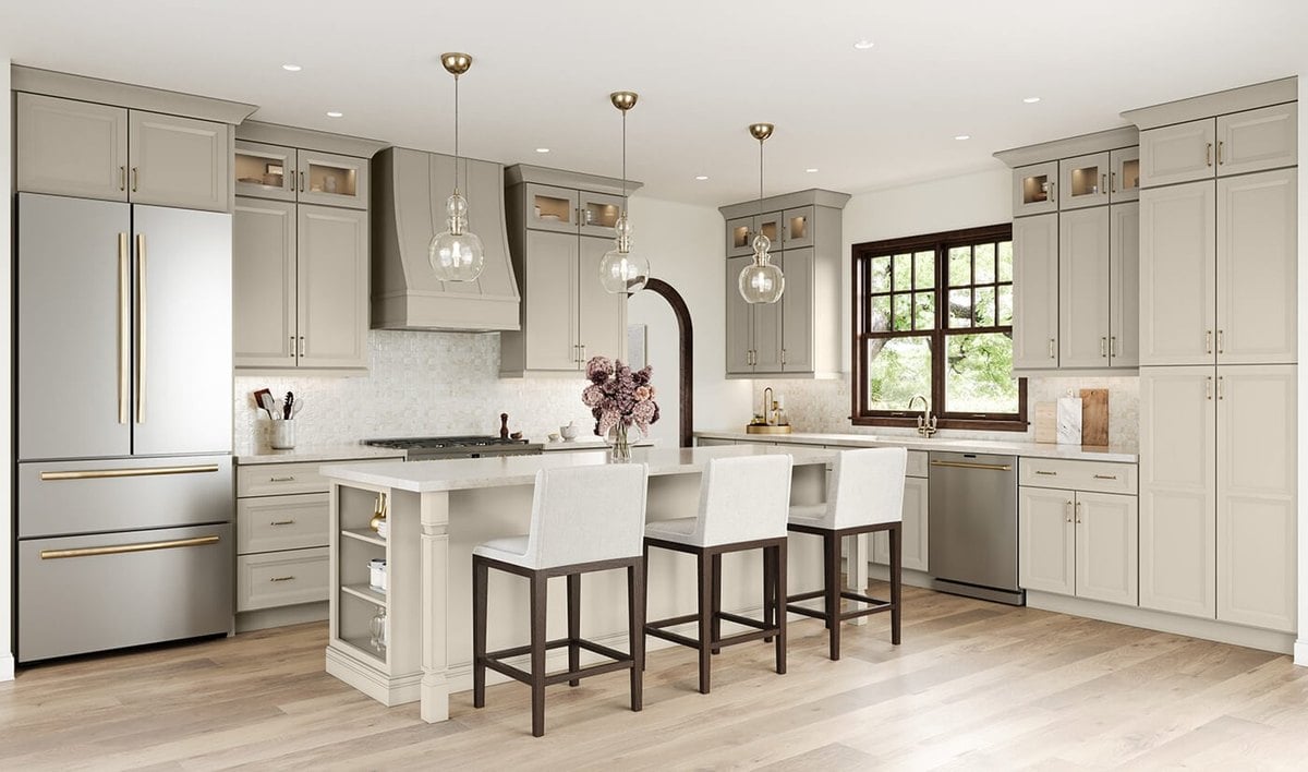 Oxford Cashmere cabinets with a white island and globe pendant lights