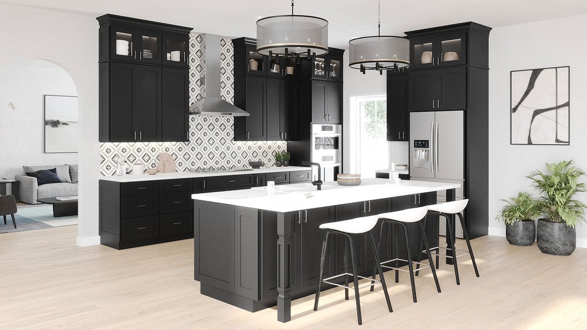 Shaker Black cabinets with a white island and drum pendant lights
